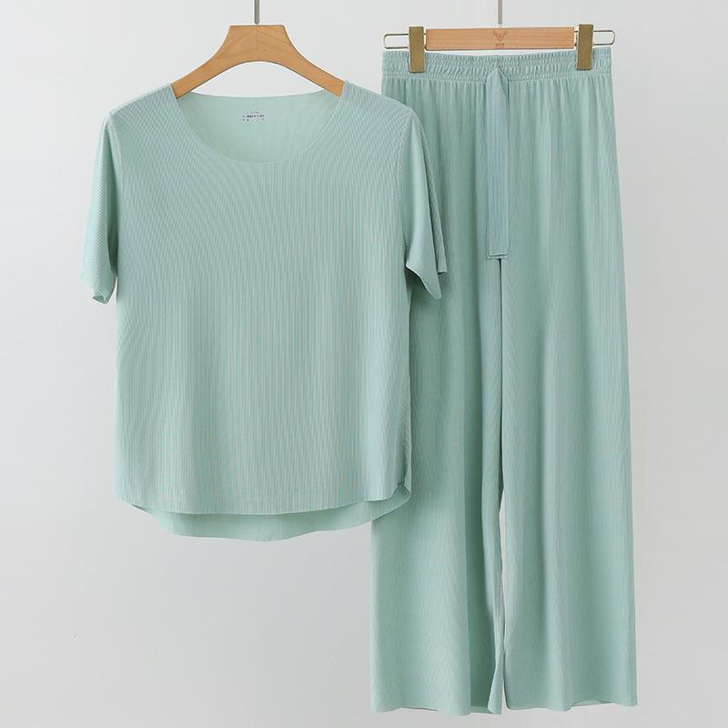 2025 Весна и лето Пижама из ледяного шелка, два предмета, короткие рукава, длинные брюки, цветной, большой размер, дышащий, одежда для отдыха, домашний костюм