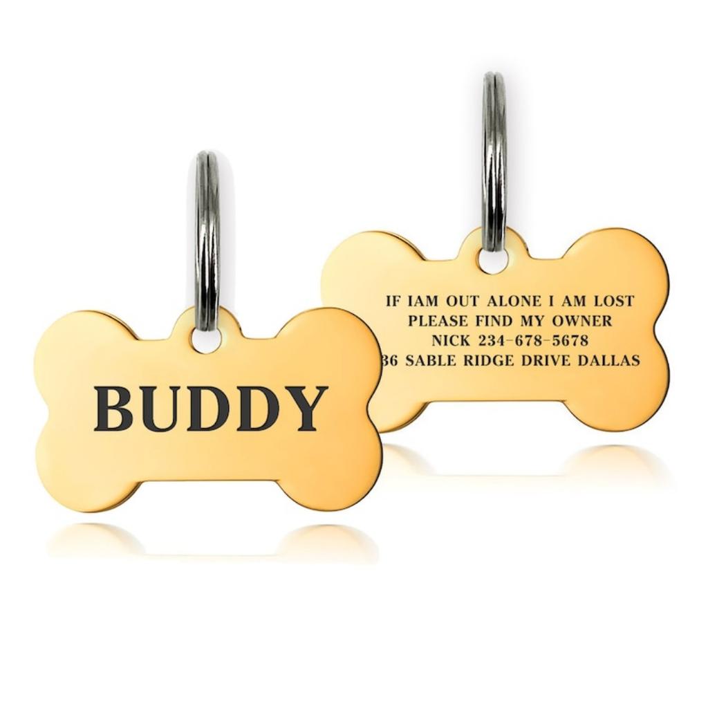 Premium Engraved Personalised Dog ID Tag Dog Name Tag Cat Puppy Name ID Bone Tag Collar Black Silver Gold Stainless Steel 3