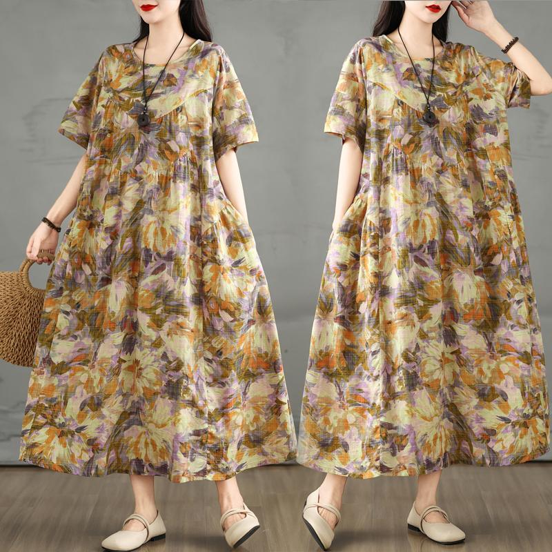 Dimanaf 2025 Женское Летнее Платье Винтажный Принт Цветочный Базовый Повседневный Оверсайз Длинное Свободное Платье Плюс Размер