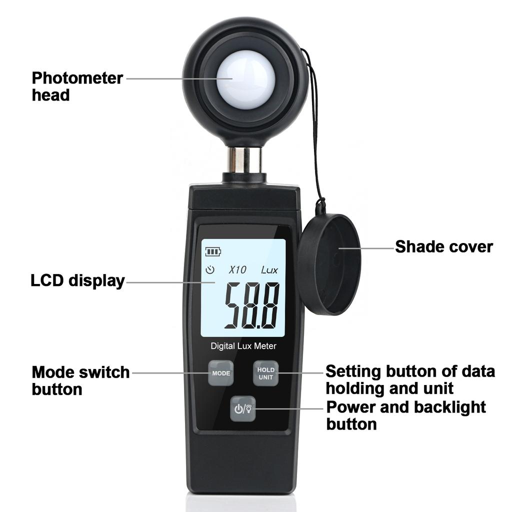 Light Meter Handheld Lux Meter for Ambient Light Intensity Monitoring Digital Photometer Range 200000 Lux Illuminance Sensor