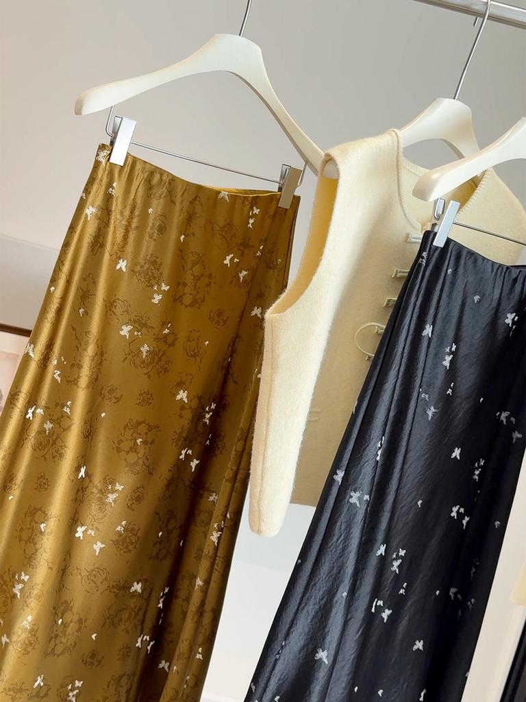 Женская юбка-русалка с высокой талией, весна 2026: Китайский стиль, принт с бабочками и утягивающий сатин