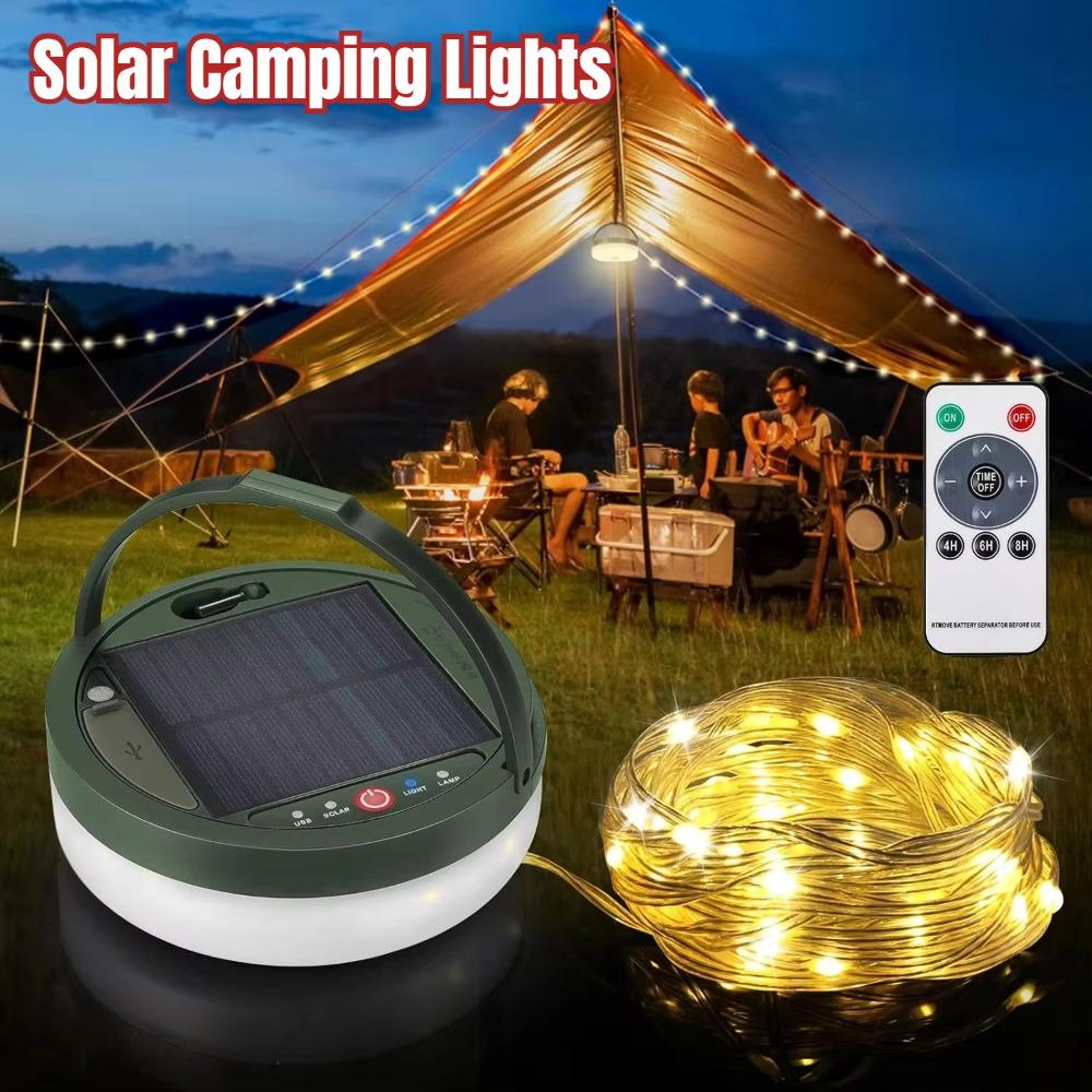 2 In 1 Solar Camping String Lights 8 Modes Outdoor Portable Lights USB Rechargeable Waterproof Camping Lantern Hiking Tent Yard
