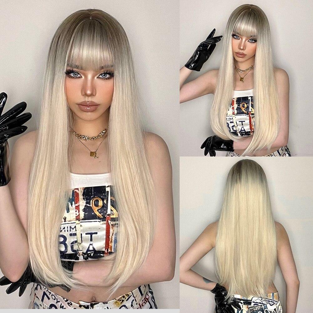 LOUIS FERRE Светлые золотистые синтетические парики для белых женщин, длинный прямой парик с челкой, термостойкие натуральные волосы для косплея Daiy