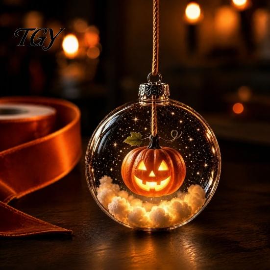 Spooky Pumpkin Ball Decor Halloween Clear Hanging Decoration, Glowing Sphere Ornament with Skeleton, Transparent Pumpkin, Spider Web, Black Cat Decor,