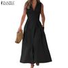 ZANZEA Women Casual Turn Down Collar Sleeveless Summer A-line Dress