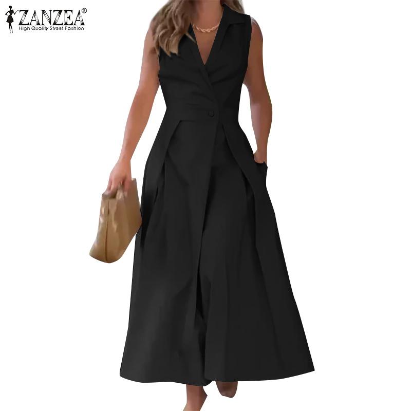 ZANZEA Women Casual Turn Down Collar Sleeveless Summer A-line Dress