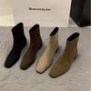 Coarse Heel Suede Small Ankle Boots Square Head Skinny Boots Women's Shoes Autumn and Winter Fleece Brown Martin Boots