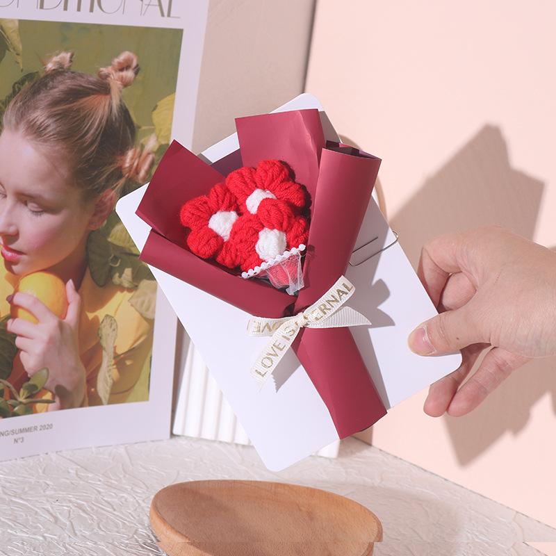 7 Colors Creative Three-dimensional Flower Bouquets Greeting Cards Handmade Cream Puffs Valentine's Day Knitted Flower Bouquets