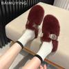 Меховые балетки женские хлопковые тапочки короткие плюшевые дизайнерские повседневные туфли с пряжкой 2025 года тренд теплые уютные домашние зимние снежные ботинки женские