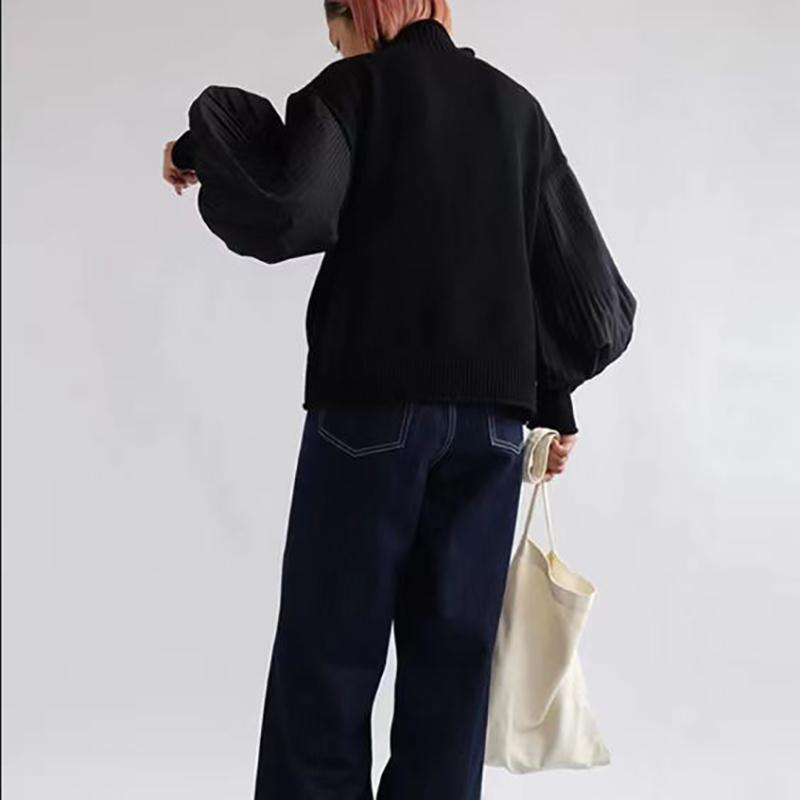 Зимний женский стильный свитер с высоким воротником, пэчворк, повседневный свободный пуловер, рукав «фонарик», женский свитер