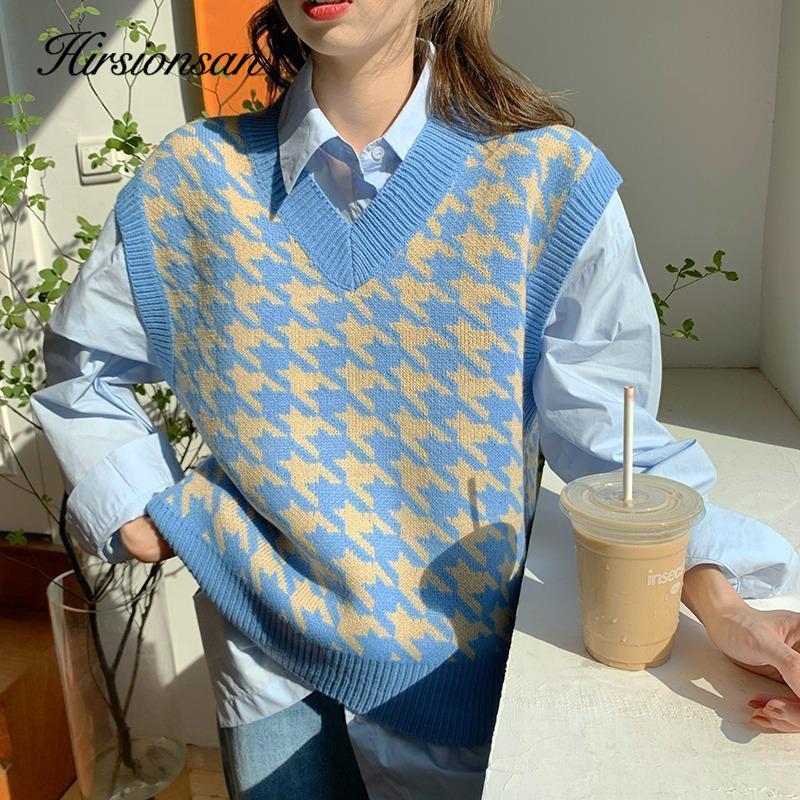 Hirsionsan V Neck Houndstooth Knitted Vest Women 2021 New Korean Cashmere Loose Sleeveless Sweater Female Loose Autumn Pullovers