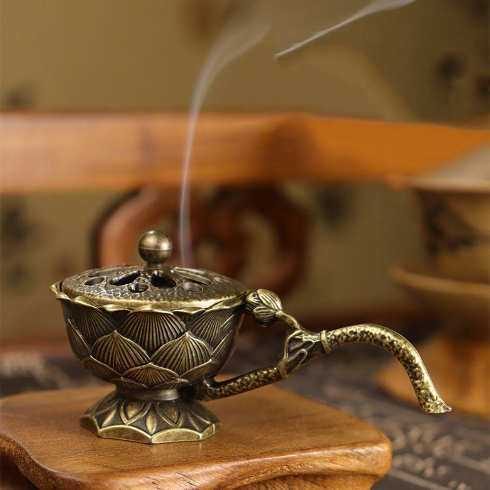 Zinc Zinc Alloy Lotus Hand Stove Small Metal Censer Room Decor Incense Burner  Camping Garden