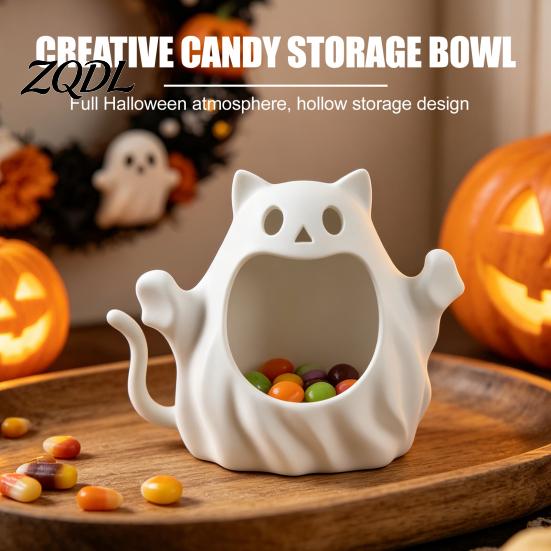 Unique Cat Lover Gifts 3D Printed Halloween Ghost Storage Holder, Decorative Kitten Statue with Matte White Ceramic Ornament Hollow Storage,