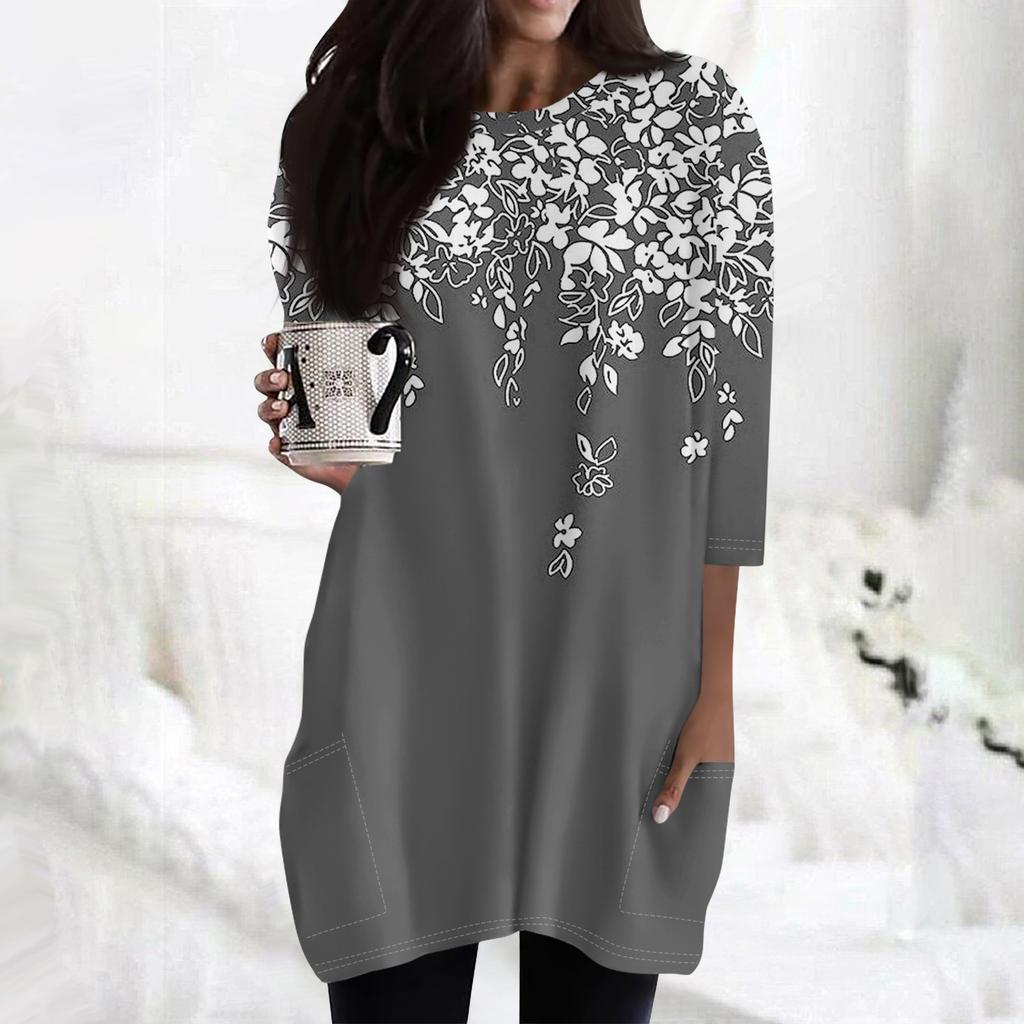 Женские повседневные рубашки с рукавами 3/4, модные туники с принтом, топы с карманами