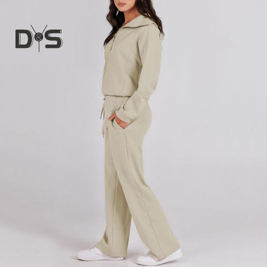2Pcs/Set Women Solid Color Casual Outfit Lapel Zipper Neckline Long Sleeve Sweatshirt Elastic Waist Drawstring Wide Leg Pants Set
