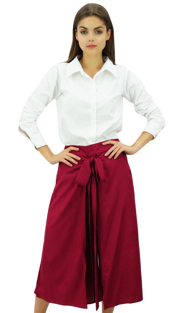 Bimba Женские однотонные брюки-кюлоты Palazzo Maroon из вискозы в стиле рыбака с завязками и эластичным поясом -