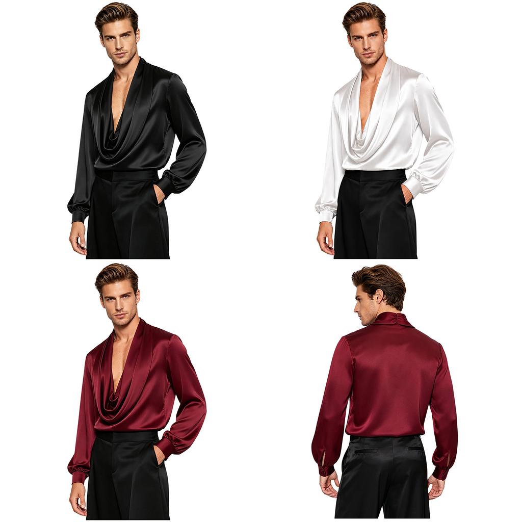 Mens Latin Ballroom Dance Costume Cowl Neck Long Sleeve Press Button Crotch Satin Shirt Bodysuit