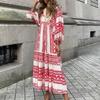 Women's Summer Casual Fashion Geometric Print Neckline Lace-up Bubble Middle-sleeves Ruffle Stitching Big Swing Long Losse Dress