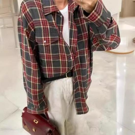 2024 Осень Женская Ретро Клетчатая Рубашка Свободного Отворота С Длинными Рукавами И Карманом