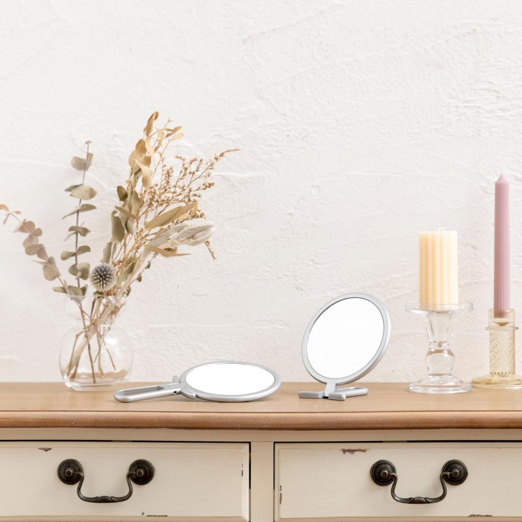 Napure a stand and hand mirror that reflects your true skin in A great Day Mirror, tone, silver. Mother's gift.