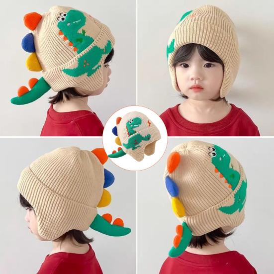 Children Hat Cartoon Dinosaur Design Knitted Hat Soft Warm Ear Protection Kids Animal-themed Hat Winter Accessory