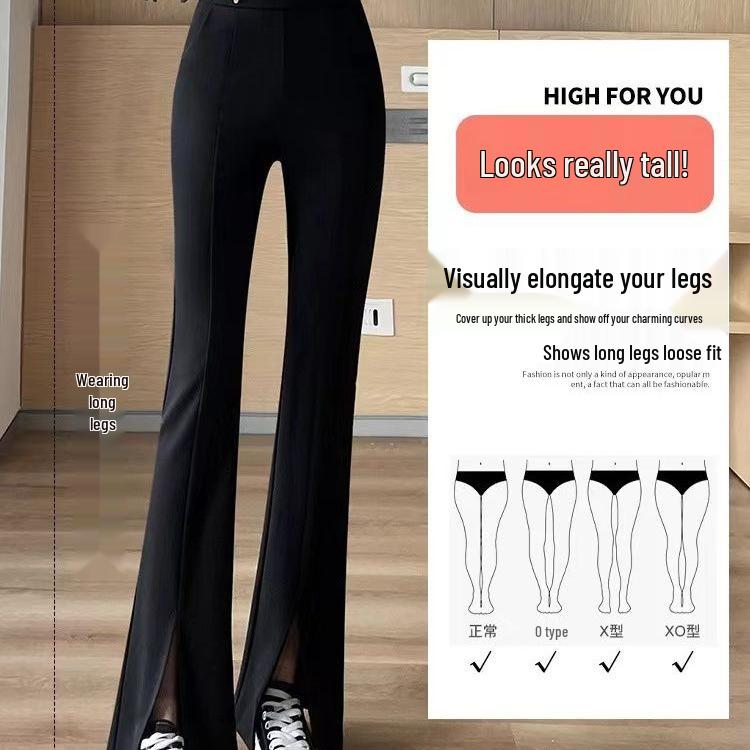 High Waist Black Slimming Flare Pants - Petite Women's Elastic Casual Trousers with Cuffs for Spring & Autumn