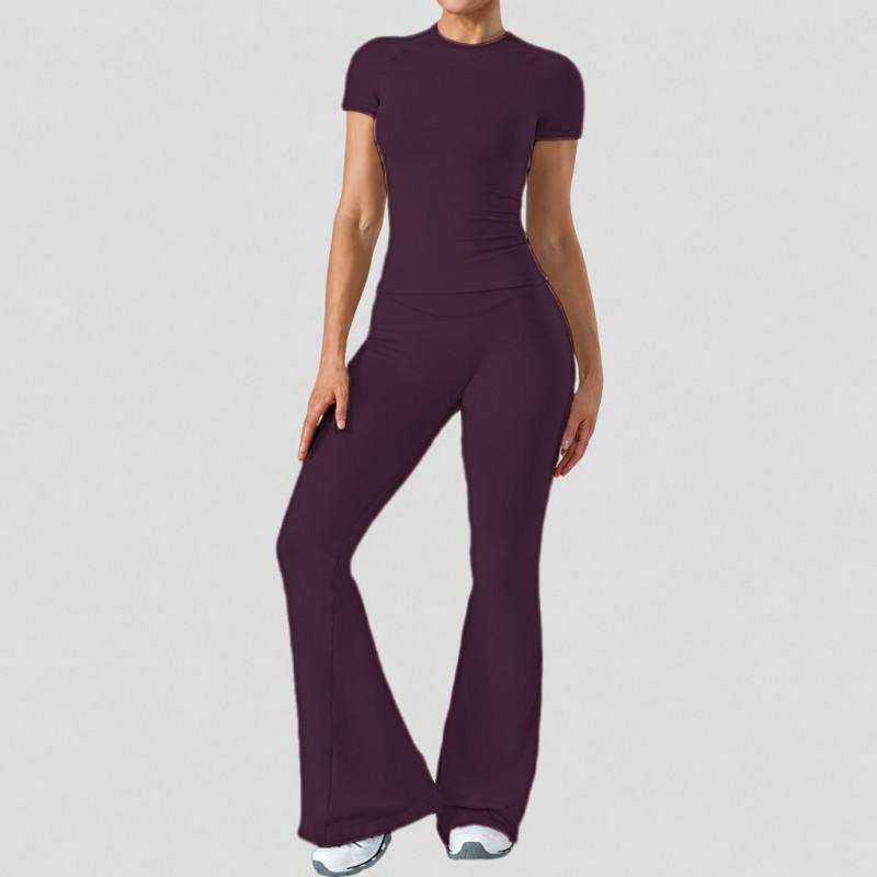 Womens High-Waisted Yoga Set With Butt-Lifting Effect Short Sleeve Top Flared Leggings Gym Fitness Running Dance