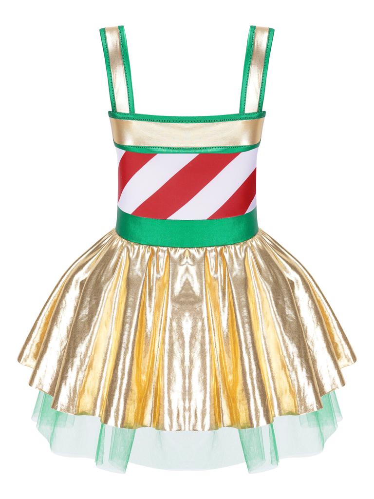 Girls Christmas Jumpsuit Striped Design Rhinestone Bow Adorned Ruffle Skirt Shorts Bodysuit Cosplay Costume