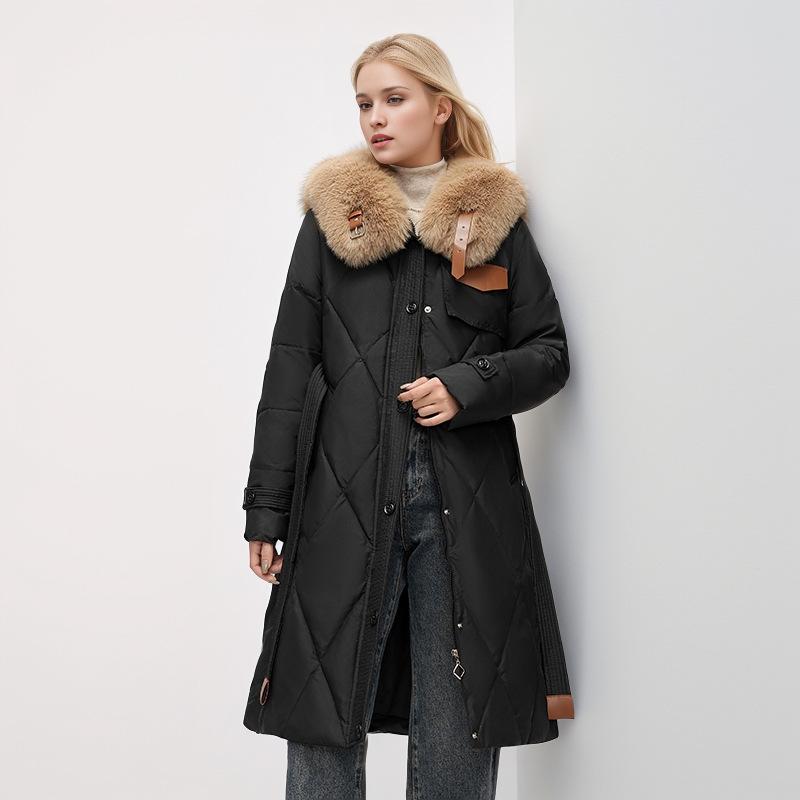 Европейская и американская одежда из хлопка-пуховика, женская, средняя и длинная, с большим меховым воротником, приталенная, зимняя куртка