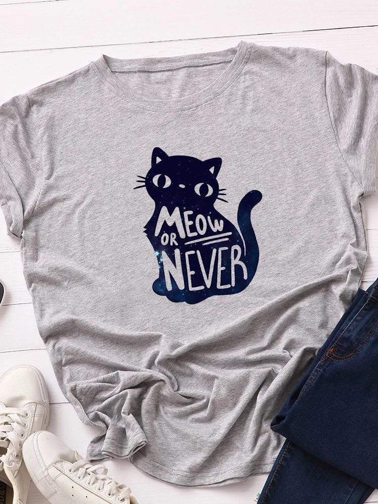 Мяу или Никогда Принт Кошки Женская Футболка с Коротким Рукавом Круглый Вырез Свободная Женская Футболка Женская Футболка Топы Одежда Camisetas Mujer