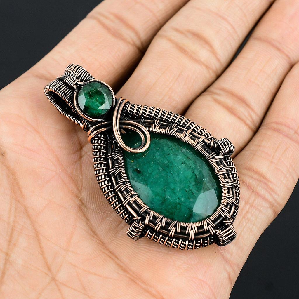 Emerald Pendant, 999 Copper Wire Wrapped Pendant Gemstone Jewelry, Handmade Pendant Amazing Jewelry, Gift For Her