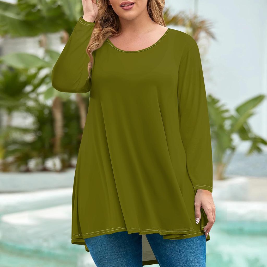 Women's Fashion Large Size Round Neck Long Sleeve Casual Solid Color Loose Pullover Top