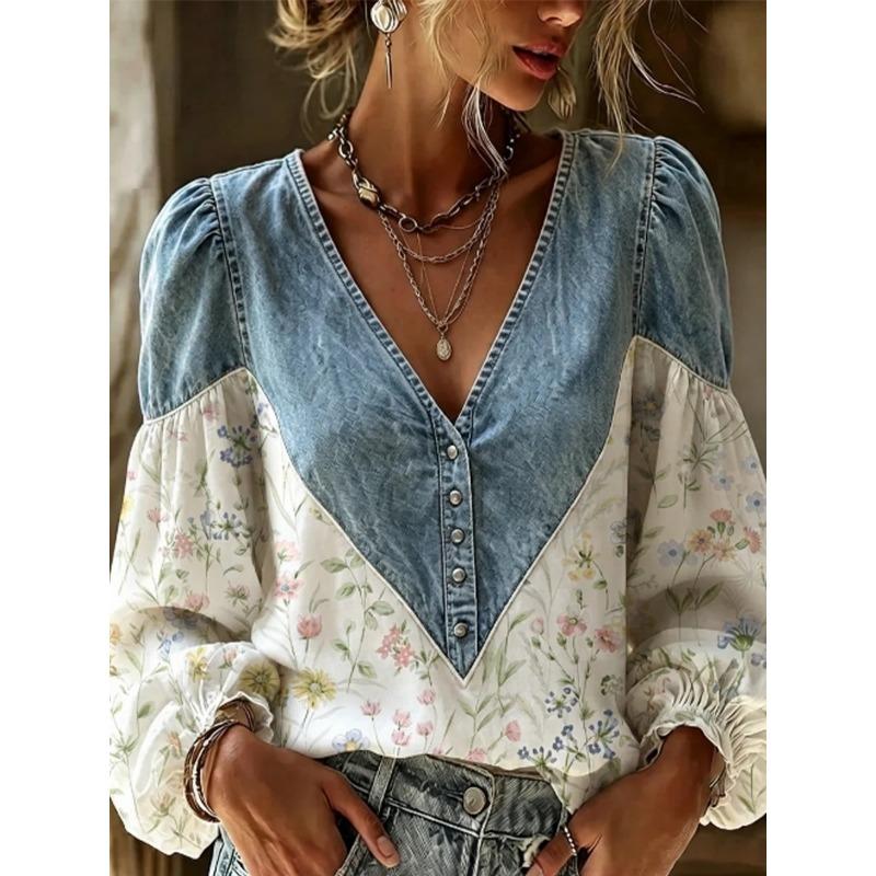 Women S Vintage V Neck Long Sleeve Patchwork Casual Shirt