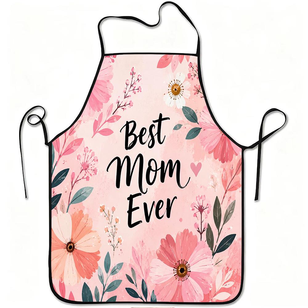 1pc Best Mom Ever Floral Print Apron, Durable And Easy to Clean, Adjustable Waistband, Polyester Material, for Kitchen Cooking, Gardening, Orchard Pic