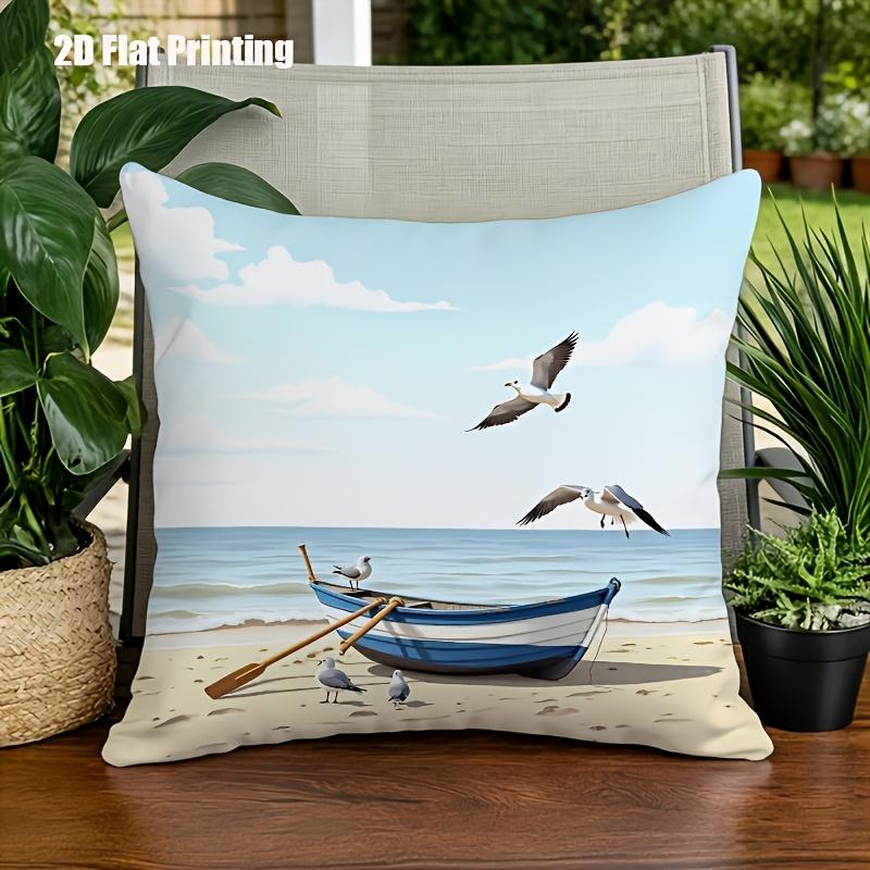 pc D Flat (Pillow Not Included) Seagull Blue Boat Beach Nautical Decor Soft Plush Cushion Case Coastal Living Room Sofa Throw
