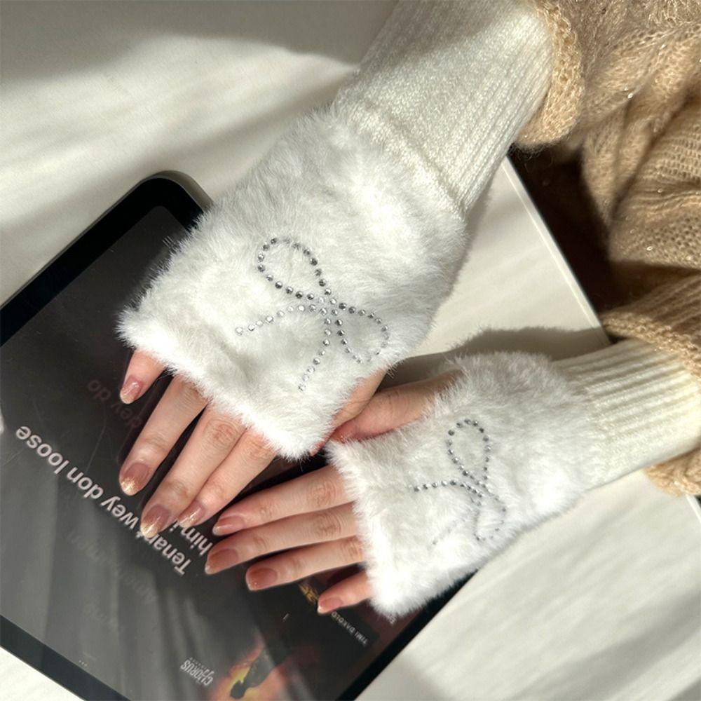 Hotfix Rhinestone Knitted Gloves Plush Half Finger Mittens Soft Bow Gloves Cycling