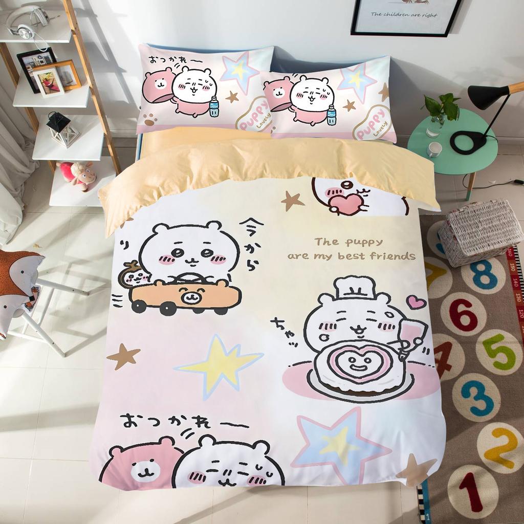 Мультяшный комплект постельного белья с милыми Чиикавами, красочный принт, полиэстер, для студенческого общежития, простыня, пододеяльник, детский подарок, домашний текстиль