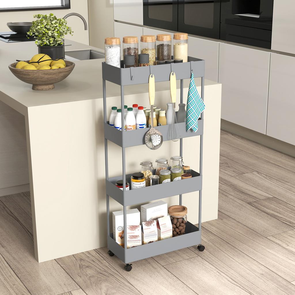 Kitchen Cart with 4 Shelves, 4 Flexible Hooks, 4 Wheels, 40 cm x 19 cm x 90 cm, Narrow Gap Cart, Grey