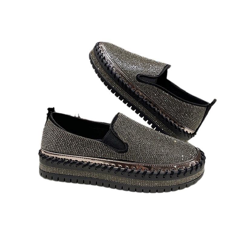 Весна 2025 года, новые повседневные туфли с одной педалью, толстая подошва, круглые туфли, женские мокасины со стразами, одинарные туфли, большой размер