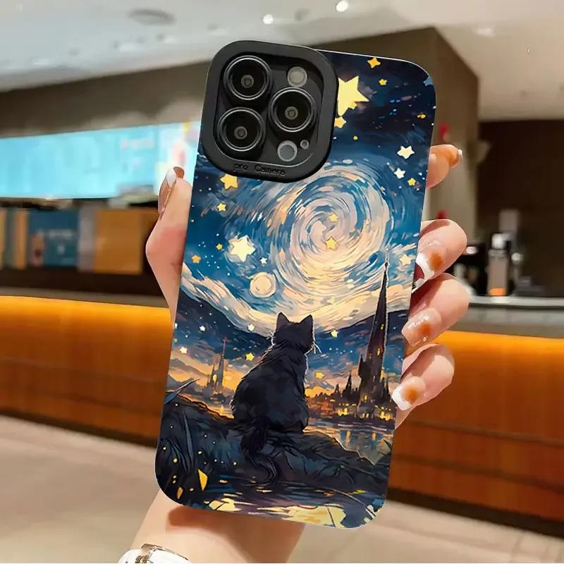 Чехол для телефона с рисунком кота и звездным небом для iPhone 16 15 14 13 12 11 Pro Max XS X Plus SE 2022 2020 Ударопрочный мягкий силиконовый чехол