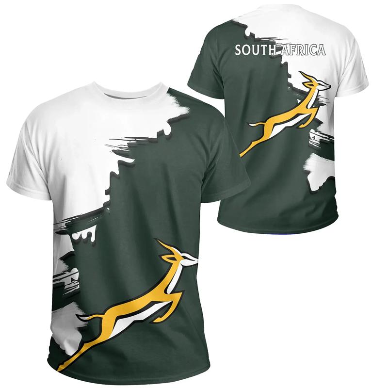 3D South African Map Flag Springbok Pattern Printed T-shirts Casual Short Sleeved Men's T-shirts - Medium Stretch Fabric Summer Relaxed Fit Clothing