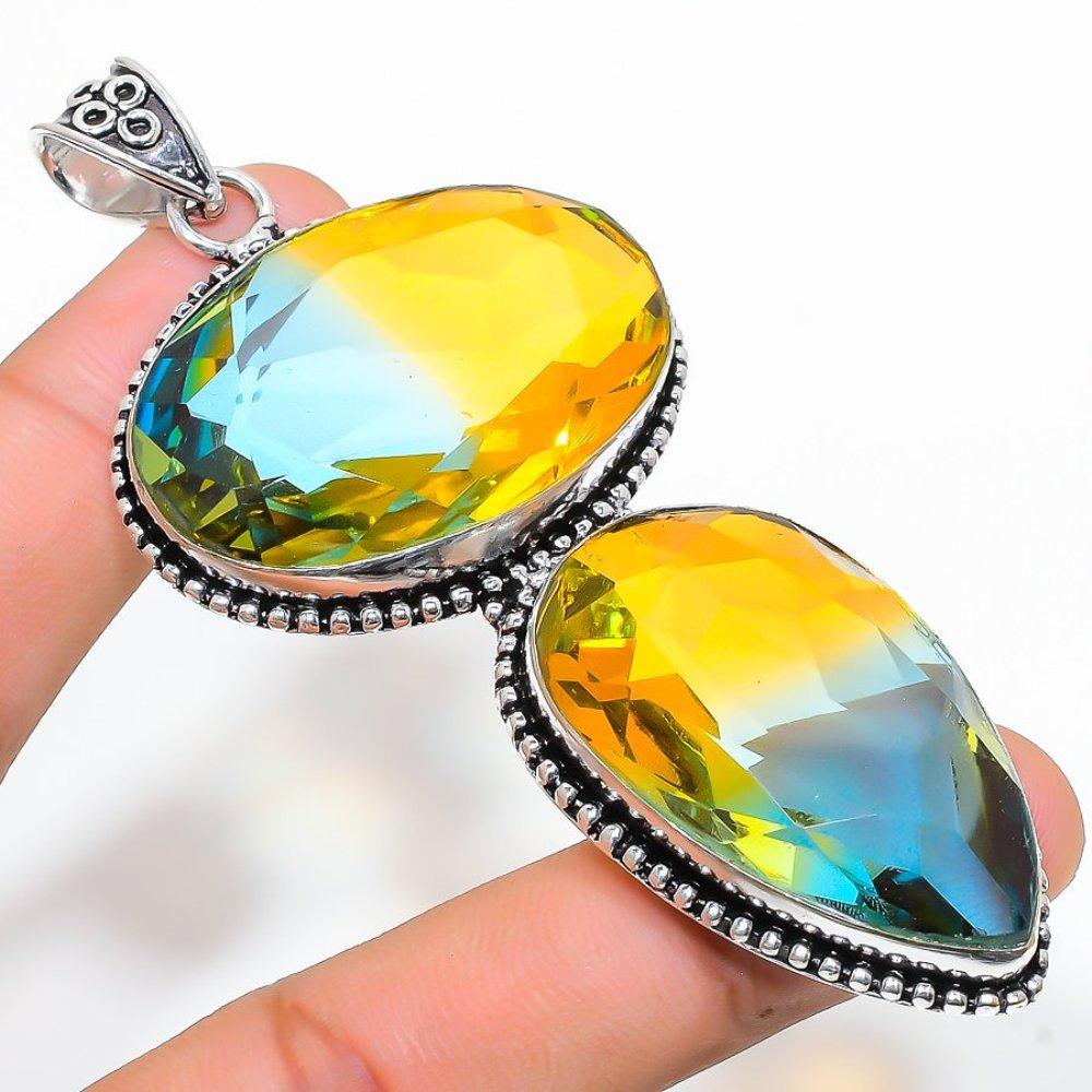 Bi-Color Tourmaline Gemstone Handmade 925 Sterling Silver Pendant 3.66" k5P14