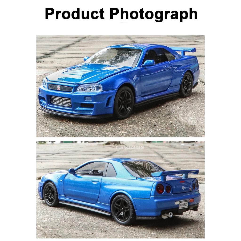 1/32 Nissan GTR R34 Модель автомобиля Игрушки Металлические литые имитационные транспортные средства со светом и инерционными игрушками Коллекция для мальчиков Подарки на праздники