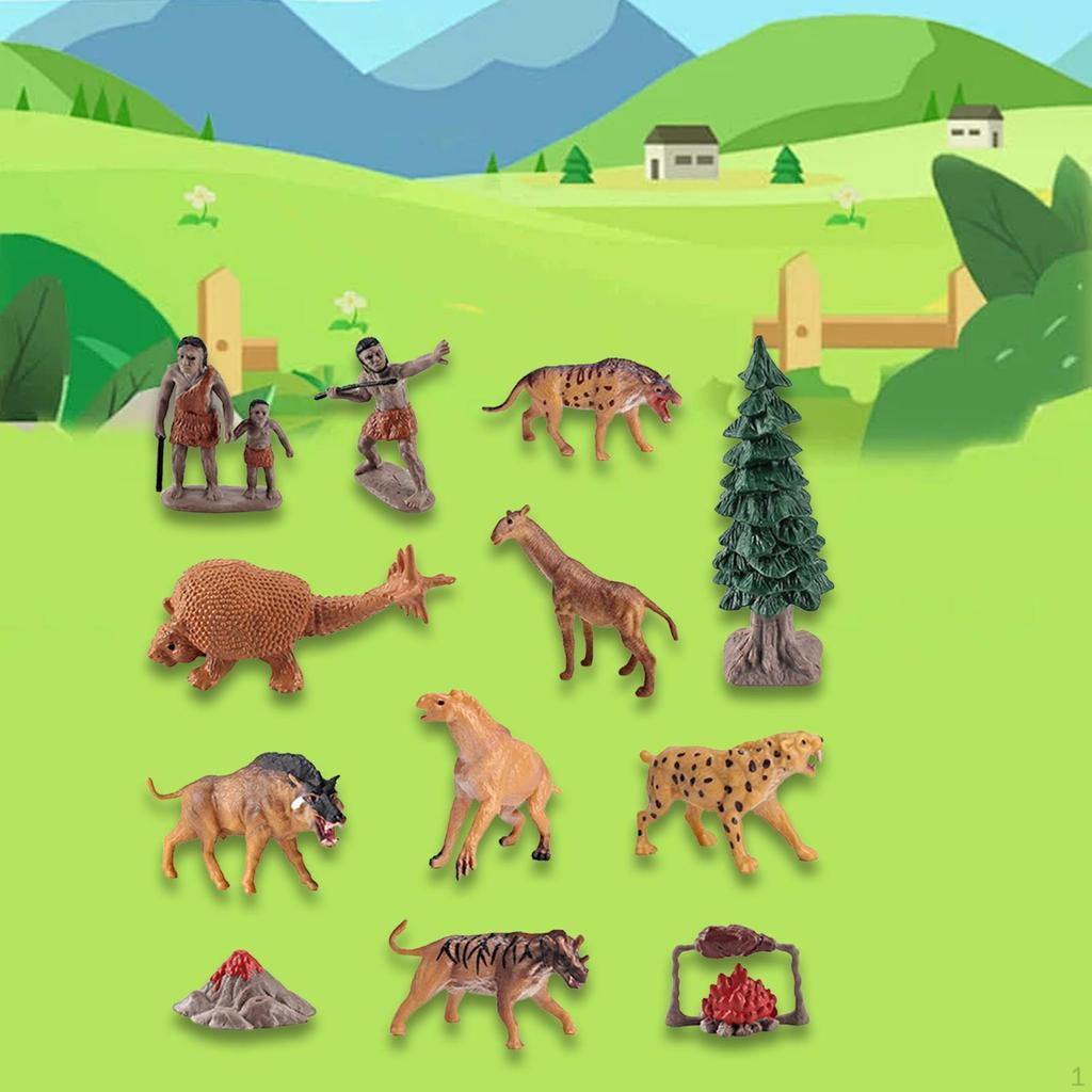 12 Pieces Mini Prehistoric Animal Model Ancient Figurines Primitive Men Toy