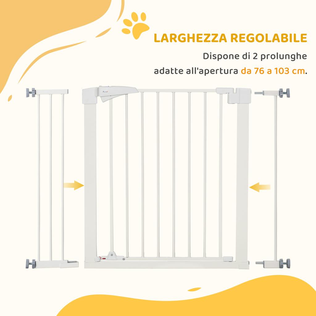 Dog Gate for Small and Medium Size Dogs with Double Lock and Automatic Closure, 76-103x4.2x77 cm, White