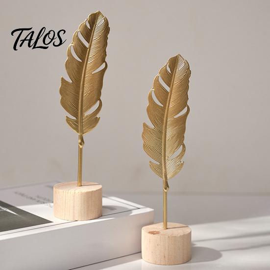Металлические ornaments-листья Talos, Золотой лист пальмы, Статуэтка-перо гинкго с деревянной основой, Современная настольная скульптура для гостиной, книжной полки, офиса