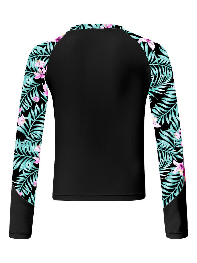 Children‘s 4-Piece Swimsuit Set Printed Long Sleeve Mock Neck Top U Back Crop Top High Waist Swim Shorts and Briefs for Beach Vacation