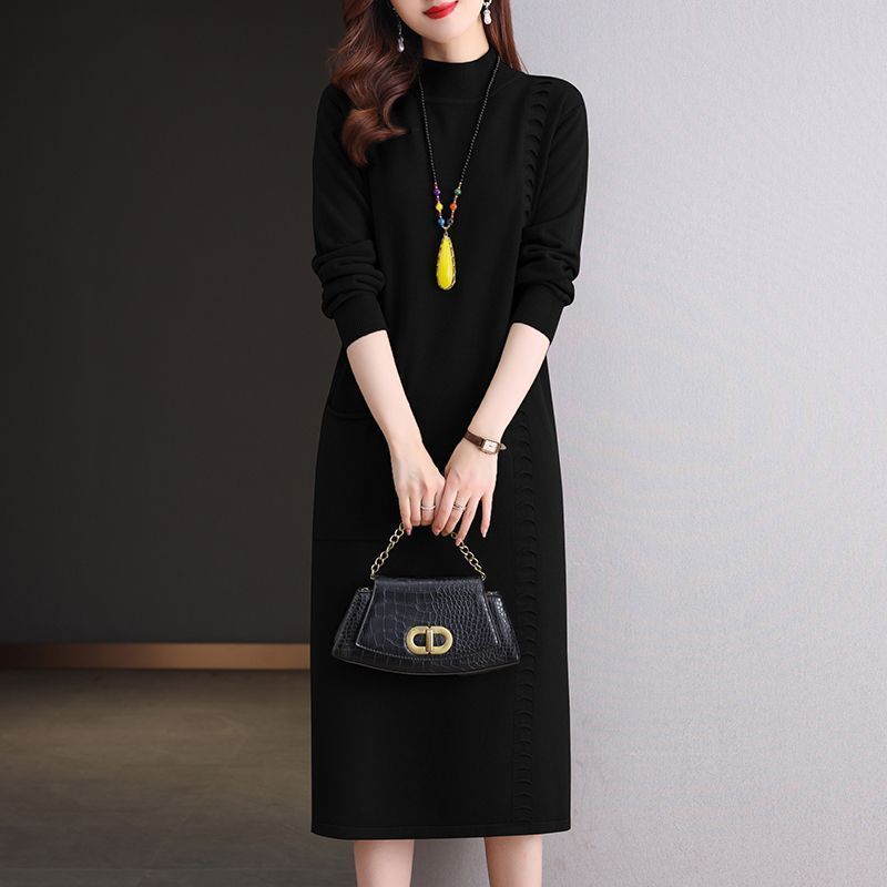 Вязаное платье длиной до колена Женское платье средней длины свободного кроя Большого размера Платье-свитер Однотонный Повседневный Пуловер с полувысоким воротом