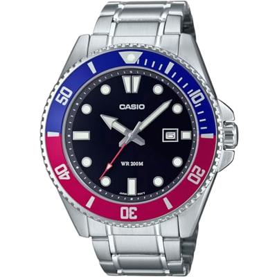 CASIO Стандартные аналоговые спортивные водонепроницаемые часы MDV-107D-1A3V мужские с синим и красным безелем, металлический браслет, модель Overseas