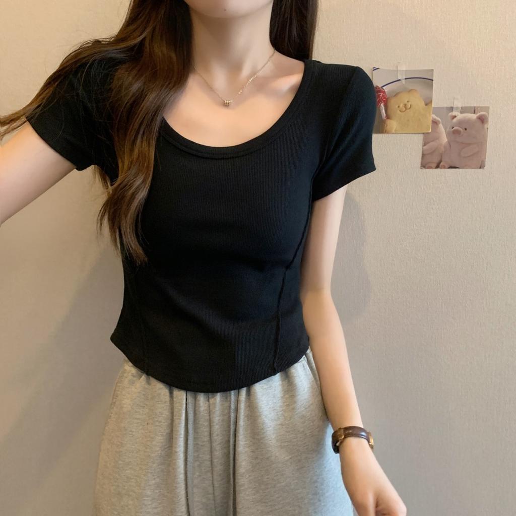 Модные корейские синие женские футболки летние с коротким рукавом U-образным вырезом повседневные тонкие однотонные простые нерегулярные короткие футболки женские укороченные топы y2k одежда